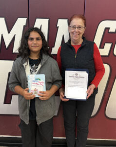 Natalia Martinez, Americanism Essay Contest Northwestern Division Winner (left) and Terry Freymiller, Unit President.